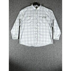 Huk‎ Mens XXL Grey White Plaid Long Sleeve Button Down Fishing Shirt Roll Tab